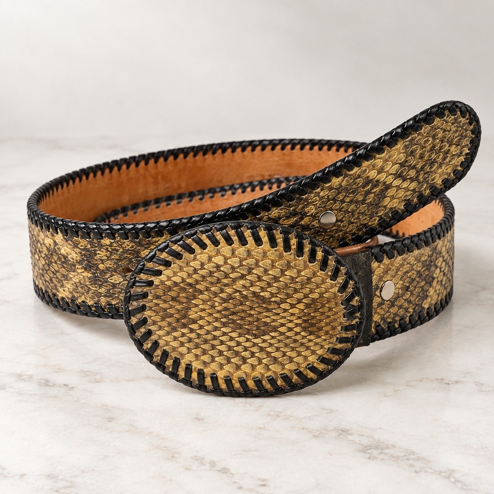 Genuine Snakeskin Belt Mens 34 Leather Western Whipstitch Buckle Hand Laced